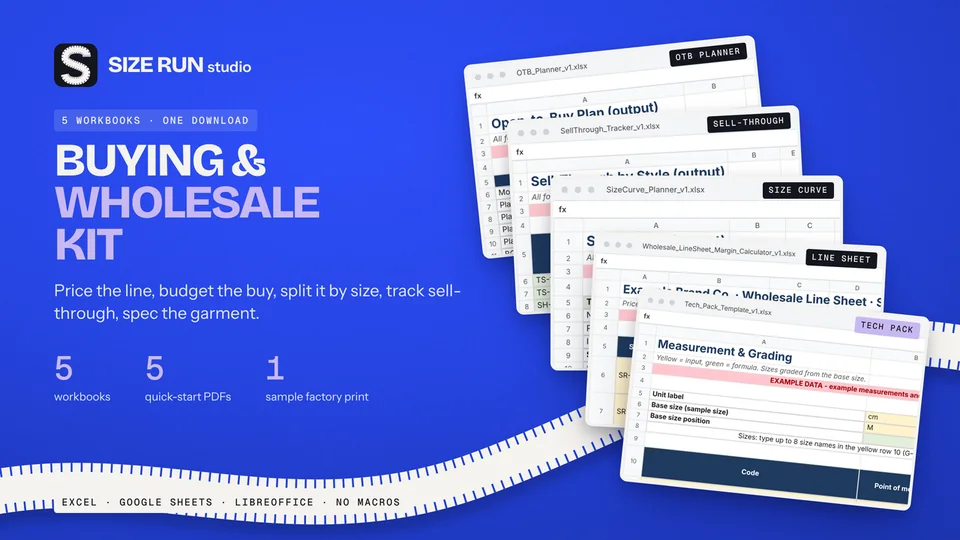 Cover of the Buying & Wholesale Kit: five spreadsheet workbooks on a cobalt background