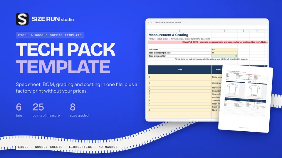 Cover of the Tech Pack Template: spec sheet and factory print previews